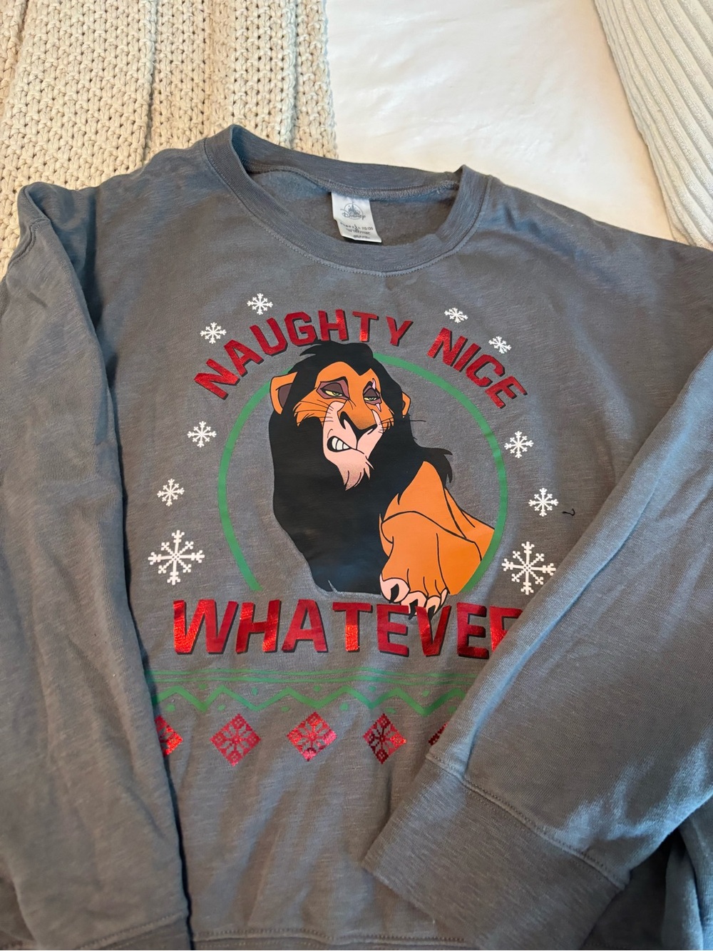 Gray "Naughty Nice Whatever" Scar Sweater for Women - Disney Villain Graphic